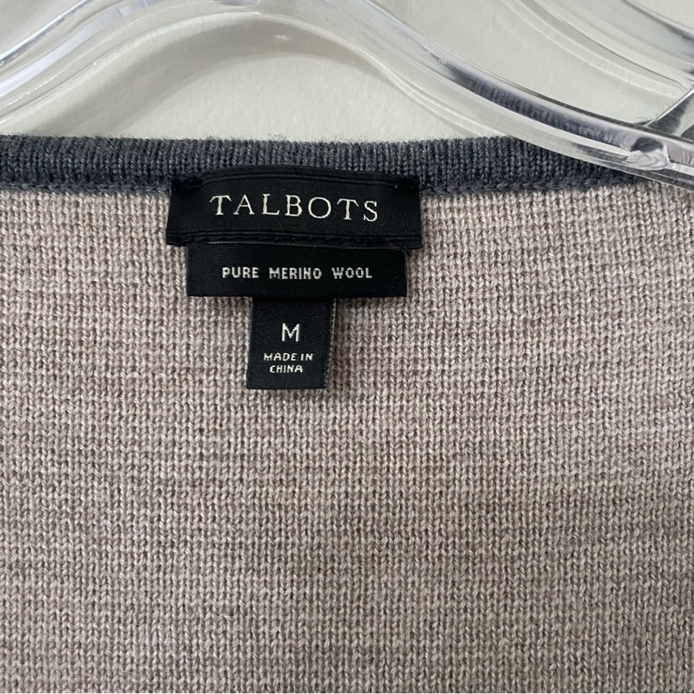 Talbots Stripes Gray Tan 100% Merino Wool Open Front Cardigan - Picture 3 of 4